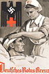 A White female nurse bandaging the head of a wounded White male soldier in a bed.