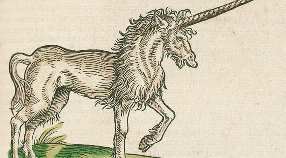 Illustration of a long horned unicorn prancing.